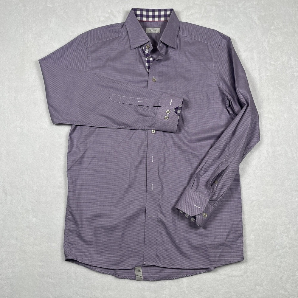 Eton Shirt Men's Size 16.5 42 Contemporary Fit Dress Purple Micro Check Cotton - Picture 4 of 8